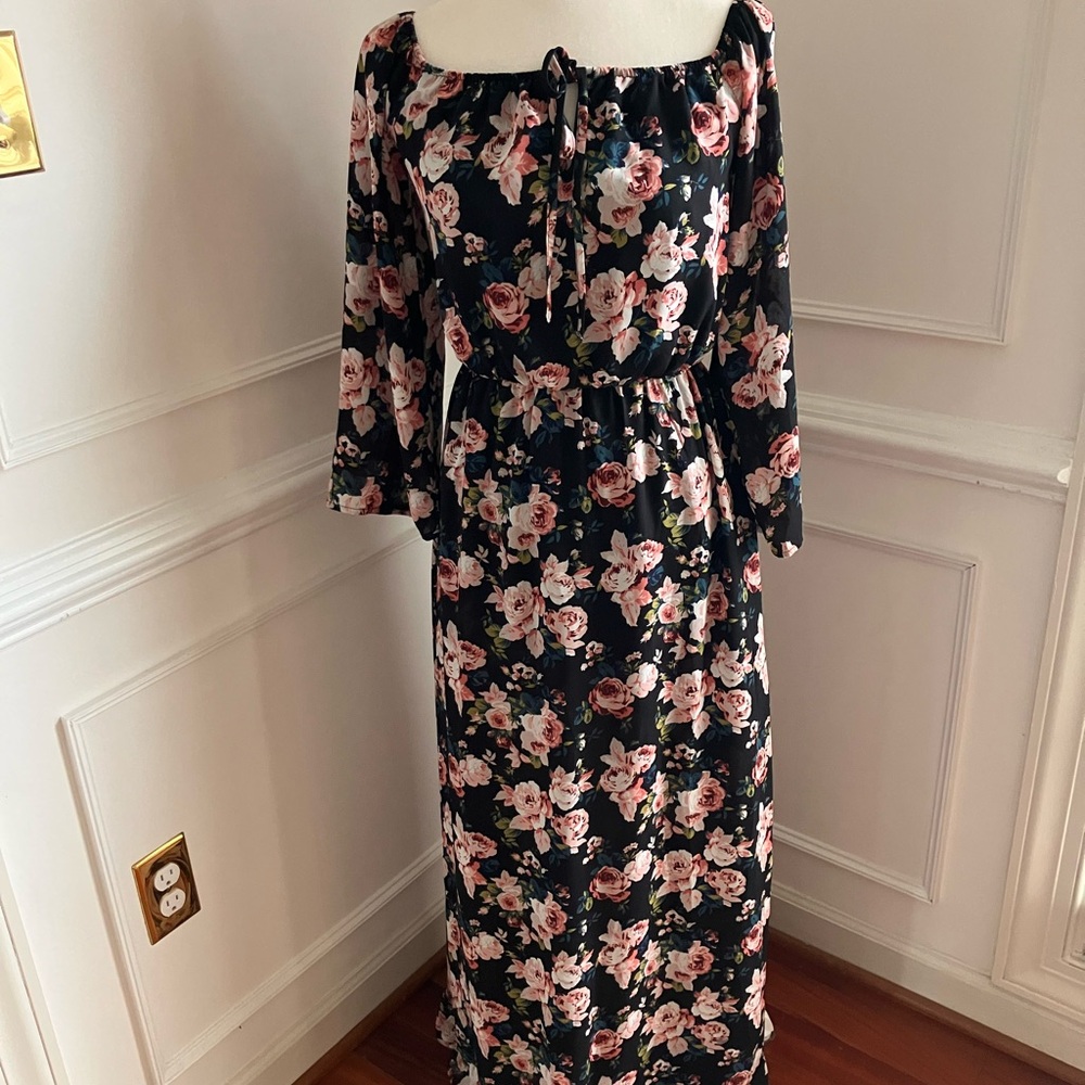 Altar'd State Black Floral Print Long Sleeve Maxi Dress